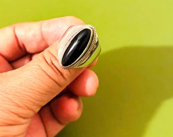 Handmade natural Onyx & Sterling Silver Tibetan Ring - US Size 9.5