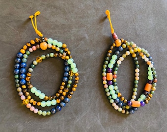 Tibetan Prayer Beads: Gemstone, Tiger eyes, Lapis lazuli, fluorites, and jade Mala