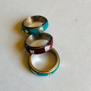 Spinner silver rings/ inlaid/ coral/turquoise/ compassion mantra