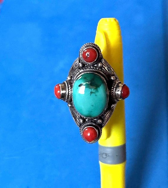Handmade Tibetan old  Turquoise and corals Silver… - image 3