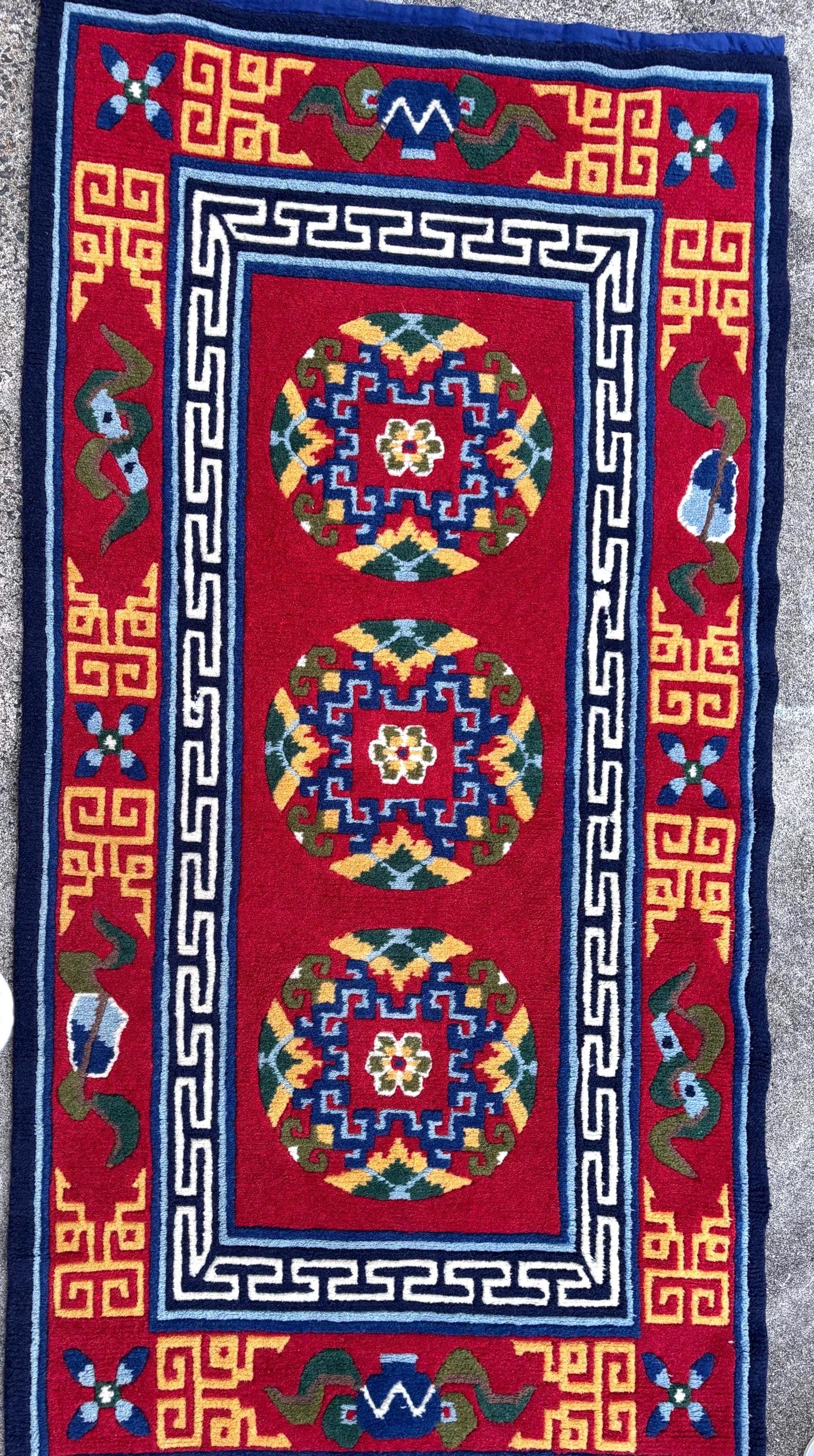 手織りチベット曼荼羅ラグ：ヴィンテージネパールカーペット（3 x 6