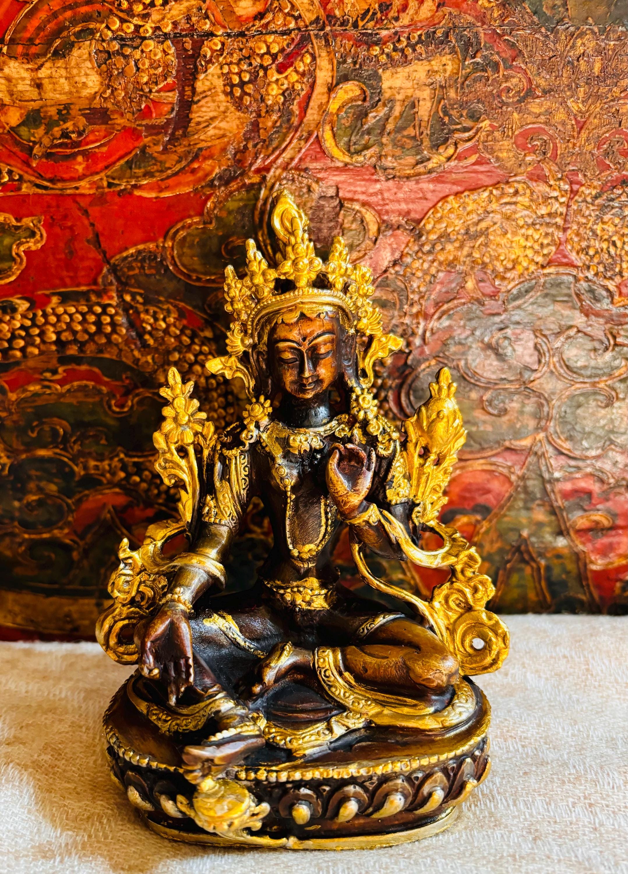 Genuine Tibetan Handmade Green Tara Female Buddha/ Protections/Overcome Obstacles/ Handmade/ Bronze