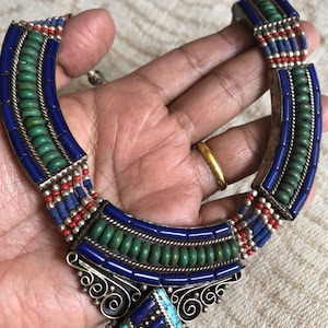 Tibetan Inlaid Necklace: German Silver, Turquoise, Coral & Lapis Lazuli