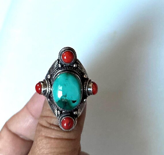 Handmade Tibetan old  Turquoise and corals Silver… - image 2