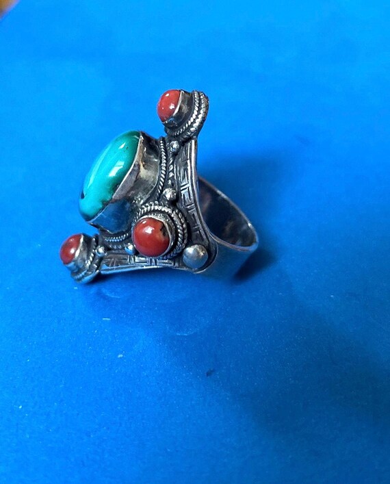 Handmade Tibetan old  Turquoise and corals Silver… - image 5