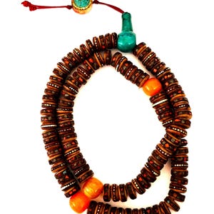 Tibetan prayer beads/ yakbone/ inlaid/ turquoise/ corals/ counting mantras/ meditation/ old/ used