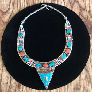 Handmade Tibetan Necklace: Turquoise, Coral & Lapis Inlaid