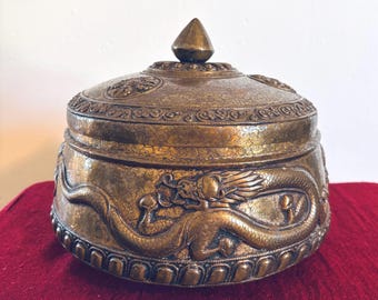 Handcrafted old  and used bronze Tsampa Bowl: Tibetan Garuda,Vajra Symbols and Dragon.