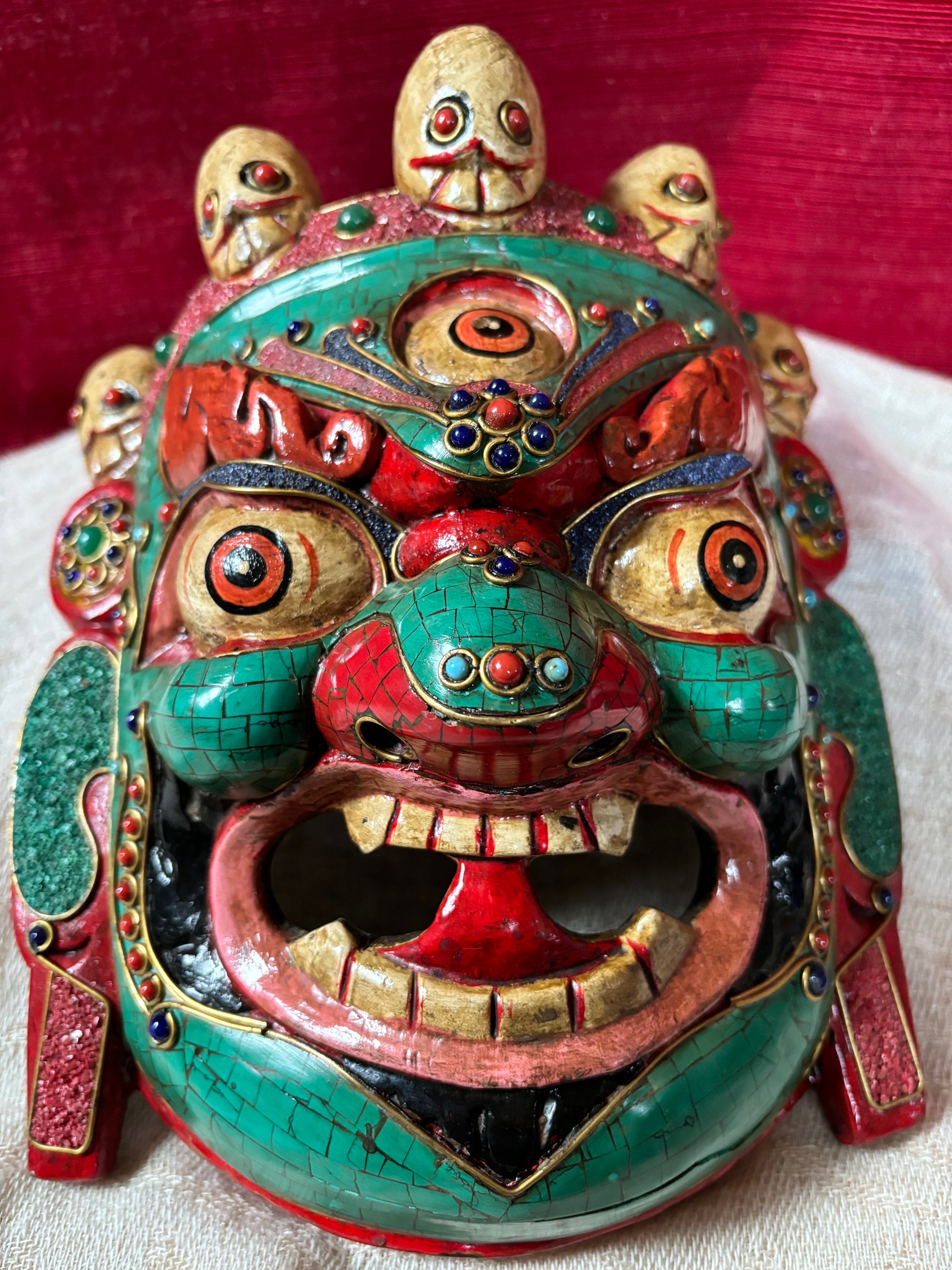 Handmade Yama Mask: Turquoise & Coral Inlaid Wood, Nepal - Etsy