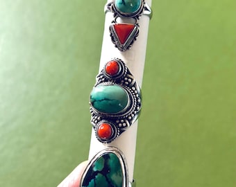 Old Tibetan Turquoise Coral Silver Ring - Handmade.
