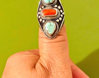 Old Tibetan Turquoise Coral Silver Ring - Handmade Design - US 8.5