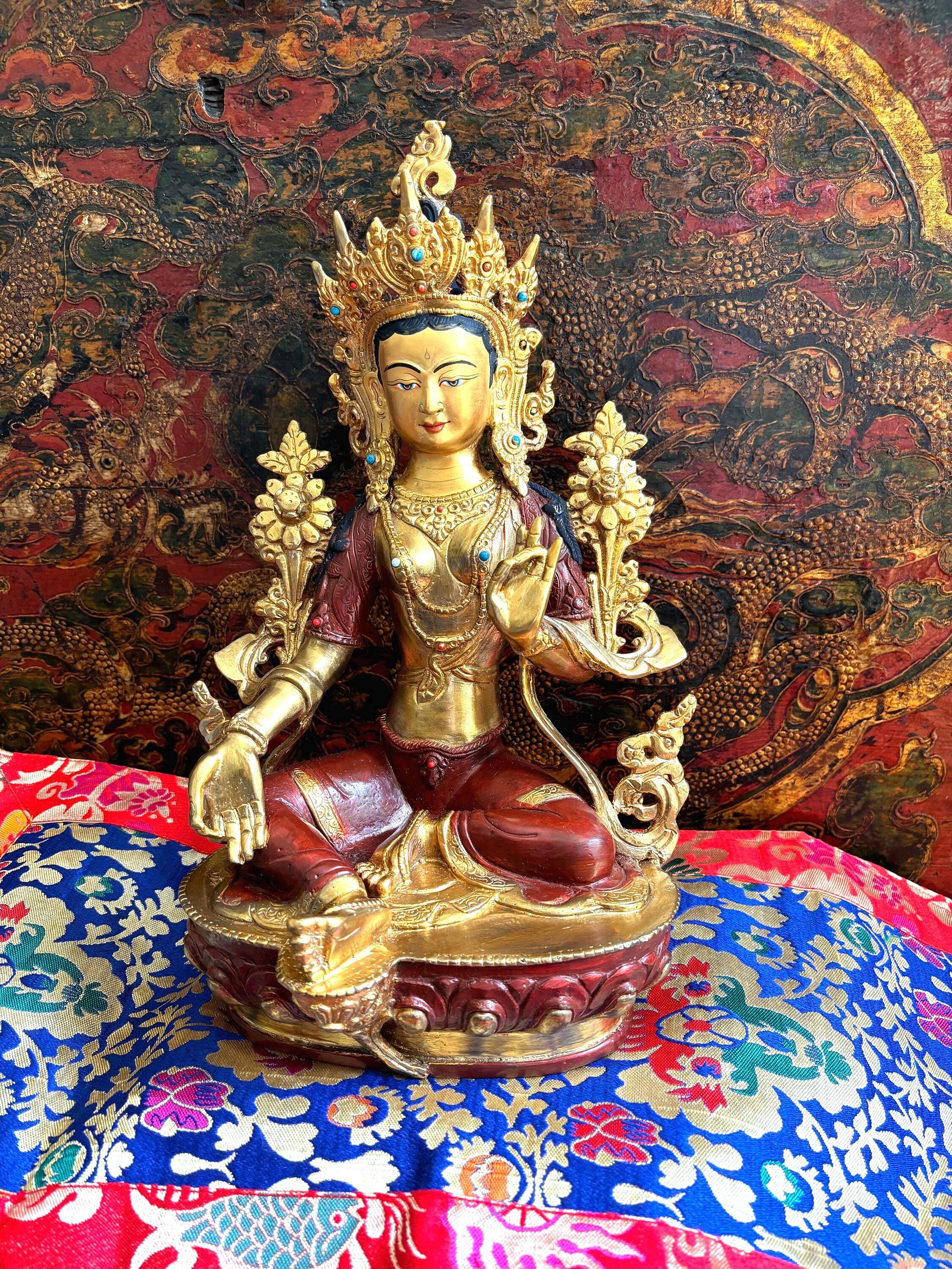 Handmade Bronze Green Tara Statue Gold Gilded Buddha, 12 Inch