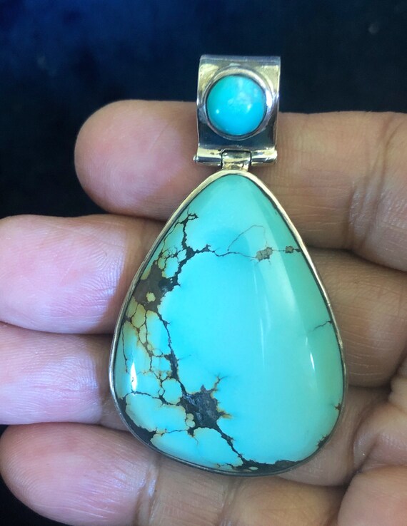 Tibetan old Turquoise Pure Silver Pendant - Nepal hand made