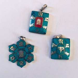 Pure  silver and turquoise inlaid mantra pendants