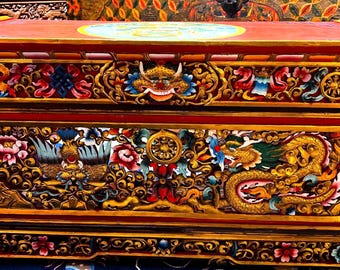 Tibetan Handcrafted Foldable Wooden Altar Table – Dragon & Auspicious Symbols
