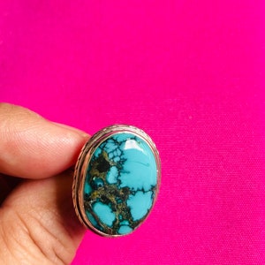 Tibetan Turquoise Ring: Antique 9.25 Silver, Size 8.5