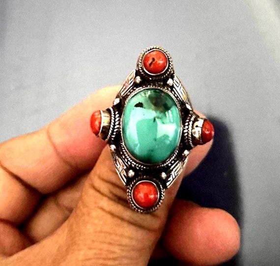 Handmade Tibetan old  Turquoise and corals Silver… - image 1