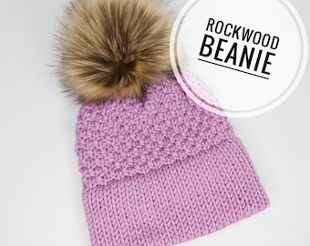 Double Brim Beanie, ROCKWOOD BEANIE, Women's Winter Hat with Brim, Faux Fur Pom Pom Hat, Knit hat for toddlers kids, mommy and me knit hats