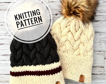 Digital Knitting Pattern, MUSKOKA BEANIE knit hat pattern pdf file, double brim knit hat with braided cables pattern, downloadable pattern