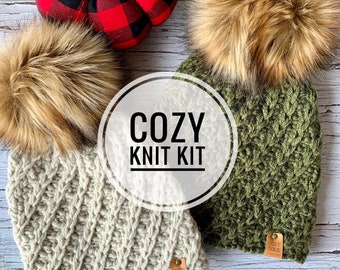 Cozy Knit Kit, Wellesley Beanie, knitted hat kit, DIY knit kit, knitting kit beanie, knitting kit with yarn, knitting kit hat woman, diy hat