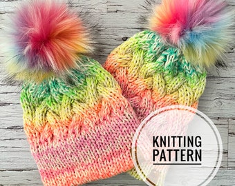 Digital Knitting Pattern, MUSKOKA BEANIE knit hat pattern pdf file, double brim knit hat with braided cables pattern, downloadable pattern