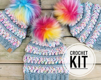 DIY Beanie Crochet Kit, Rainbow Crochet Kit, Do it Yourself Crochet Kit, make your own crochet, crochet christmas gift, crochet hat kit