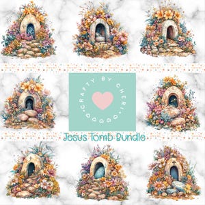 May include: A digital download of six images depicting a stone tomb covered in flowers. The tomb is open and the stone has been rolled away. The images are perfect for Easter crafts and projects.