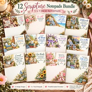 May include: A bundle of 12 lined notepads, each measuring 5 x 7 inches, featuring unique illustrations of flowers, landscapes, and cozy home scenes. Each notepad includes printed scripture verses and inspirational text in various decorative fonts.