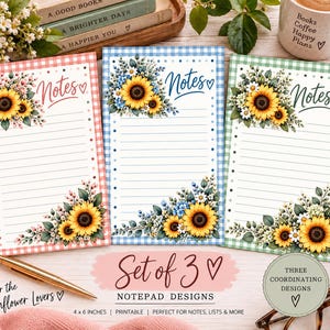 May include: Three rectangular notepads featuring a gingham border in pink, blue, and green. Each notepad displays the word Notes in script, decorated with sunflower and wildflower illustrations in the top left and bottom right corners.