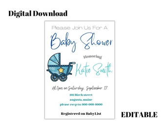 Baby Boy Shower Invitation - Digital Download, Editable