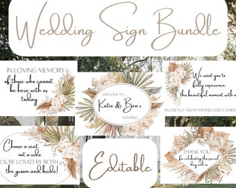May include: A set of printable wedding signs with a boho theme. The signs feature a neutral colour palette with dried pampas grass and floral illustrations. The text on the signs includes "In Loving Memory", "Welcome to Katie & Ben's Wedding", "Choose a seat, not a side", "We want you to fully experience this beautiful moment with us", and "Thank you for celebrating this special day with us".