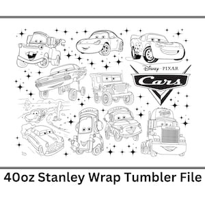 May include: Black and white line art illustration of various cars from the Disney Pixar Cars movie franchise. The image includes Lightning McQueen, Mater, and other characters. The text "Disney Pixar Cars" is featured in the image.