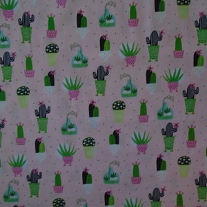POTTED SUCCULENTS, decorative cacti in decorative pots, pink, light blue, light/med green, pastel pink background with tiny black polka dots