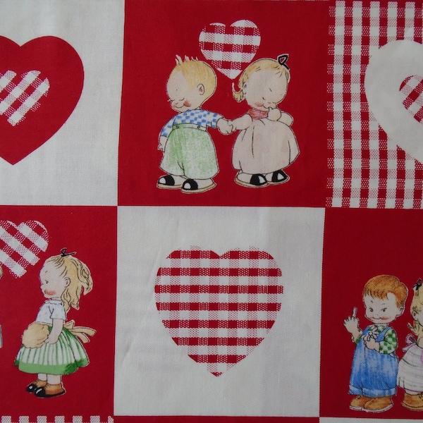 Rare 2001 ATTWELL children cotton fabric, red white hearts/gingham blocks, nostalgic retro child/wedding by the yard or 12"