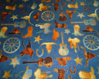 Western Images cotton, striking colors deep blues/browns, stars, saddles, boots, cowboy/girl hats, longhorn bulls, horseshoes, by the yard