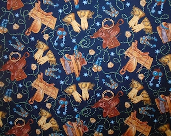 Western Gear Cotton, Spur, Saddles, Gloves and Ropes in Complimentary Colors of Blues and Browns, fabric by the yard