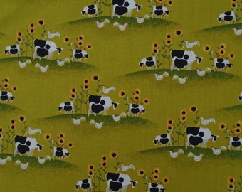 Folk Art Cotton, Rare 2002 Wilson & Wilson Fork Art Co. Cows, Roosters, Sunflowers, premium cotton fabric by the yard