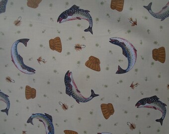 Brook Fishing, early 2000's cotton, brightly colored flopping fish, flies and crewels, beige background, fabric by the yard
