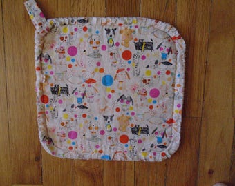 Puppy Polka Dot  Potholder, Alexander Henry 2016 Premium Cotton, Etched and Composed Puppies, Polka Dots and Butterflies on Bone Background