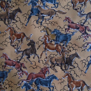 Wild Horses, Mustangs, Vintage 1996 Western Cotton by Alexander Henry, Browns and Denim Blue, Caramel Background, fabric by the yard