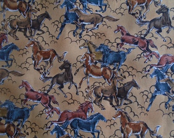 Wild Horses, Mustangs, Vintage 1996 Western Cotton by Alexander Henry, Browns and Denim Blue, Caramel Background, fabric by the yard