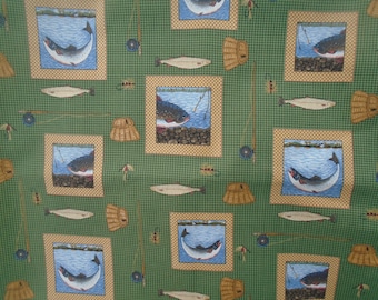 Brook Fishing, early 2000's cotton, fish, flies, crewels, poles, green gingham background