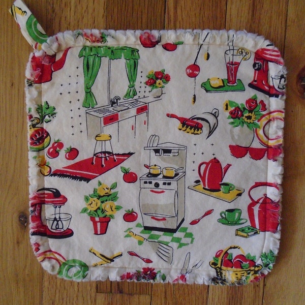 Fifties Kitchen Potholder, quilted cotton potholder, retro appliances, extra large 10"x10",  great gift!
