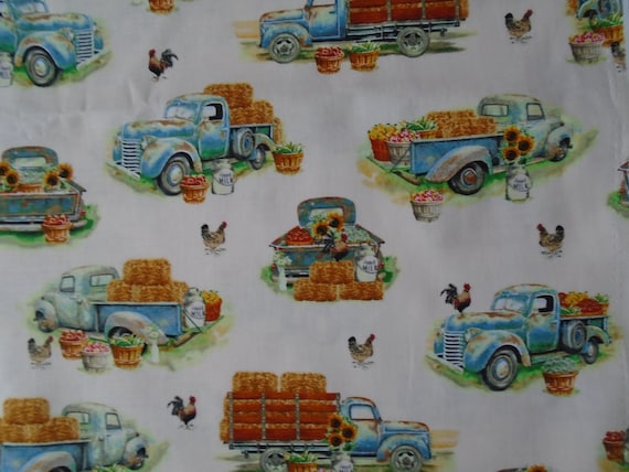 Back at the Farm, 2019 cotton, retro country living, rustic truck, roosters, chickens, straw, milk containers, SUNFLOWERS