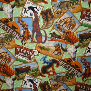 May include: A colorful fabric with a repeating pattern of Western-themed images. The images include cowboys on horses, armadillos, cattle, and signs that say "Western", "Steak House", and "The Coffee Pot".
