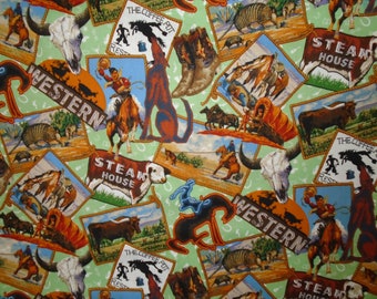 Patch Allover Western Cotton, Cowboys, Horses, Steers, Signs, Skulls, Covered Wagons, Complimentary Vintage Coloring, by the yard