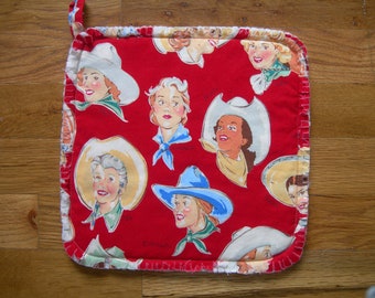 VINTAGE cotton print, WESTERN COWGIRL potholder, quilted cotton, red, brown, blue and beige cowgirls potholder, 10" x 10", microwaveable