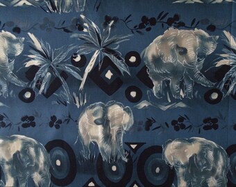 Vintage African Elephant cotton, Alexander Henry 1993, Geometric, Flower Designs, Etched Elephant white and beige, navy blues, LARGE print