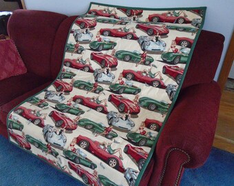 Fastlane Vintage Cars Quilt/Throw, Vintage 2002 Alexander Henry Print, Cars, Enticing Promotional Models, gray/blue back