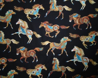 Southwestern Art Running Horses Cotton, Beautiful Colors by Timeless Treasures, Dark Black background, fabric by the yard
